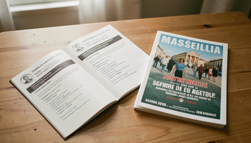 Carnet ouvert à côté d’un billet et d’une affiche culturelle marseillaise