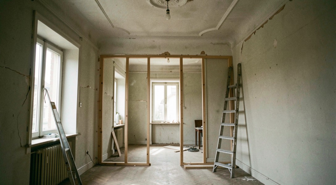 Pièce d'un appartement ancien en cours de rénovation, cloison à demi ouverte, plafond haut et échelle contre le mur dans la lumière du matin
