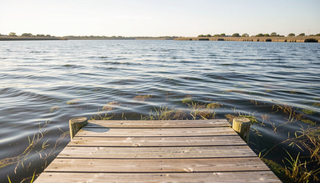 Vue à hauteur d'eau depuis un ponton en bois sur Bogue Sound, herbiers marins visibles sous la surface, rive basse de l'île barrière à l'horizon, lumière rasante de fin d'après-midi, cadrage horizontal.
