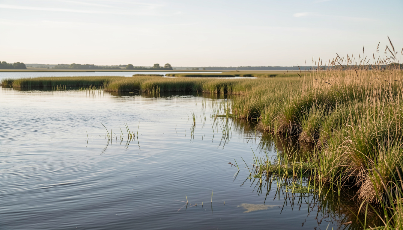 Vue large du sound à marée montante depuis le bord d'un marais salé, lumière rasante du matin, cadrage horizontal avec l'eau au premier plan et les herbes hautes sur la droite.