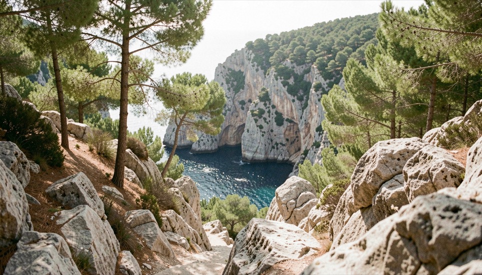 Chemin blanc entre pins et rochers au-dessus d’une calanque lumineuse