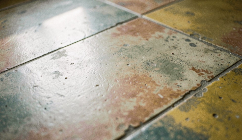 Détail d'un carreau de ciment ancien aux couleurs légèrement passées, joint fin et reflet de lumière rasante sur la surface mate