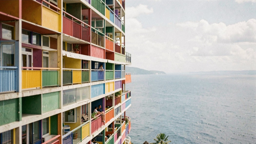 Balcons colorés de la Cité Radieuse avec mer et ciel en arrière-plan