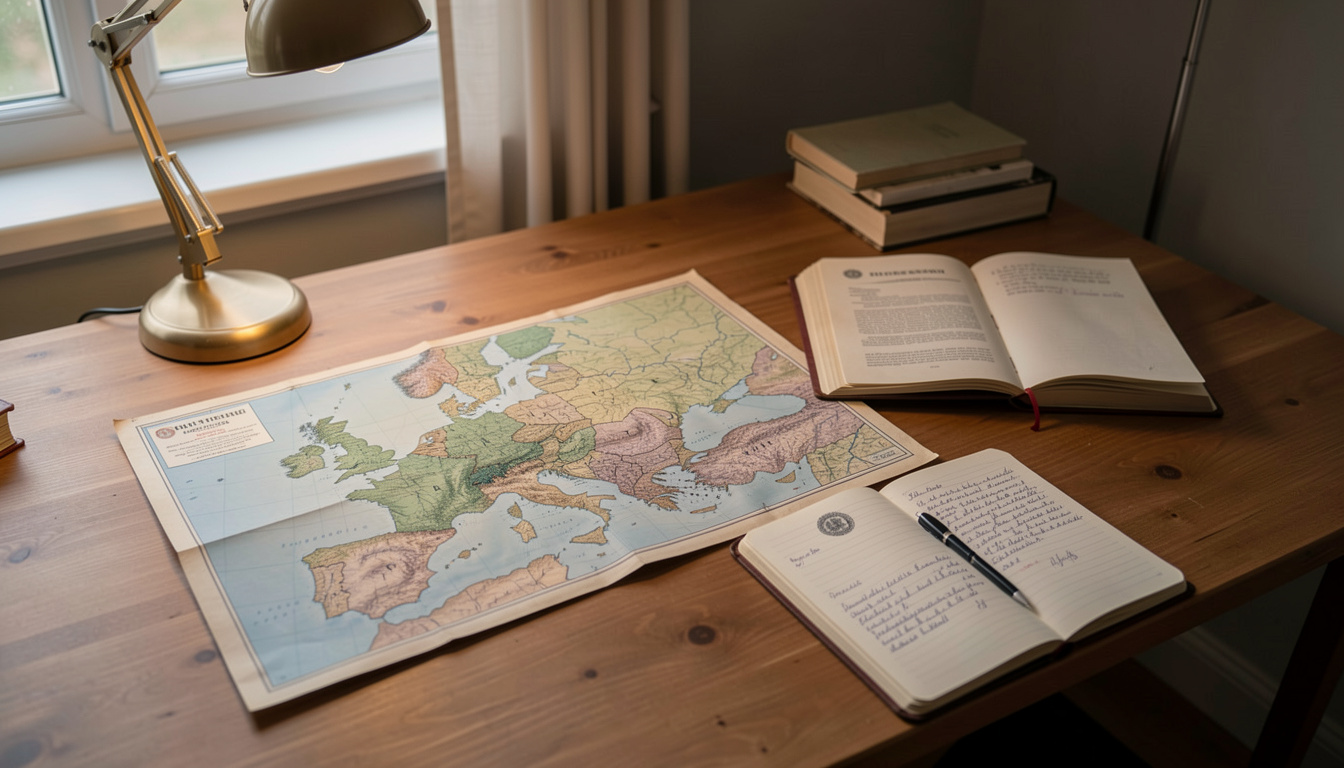 Une table de travail en bois éclairée par une lampe, avec une carte de l'Europe dépliée, un traité relié ouvert et un carnet de notes manuscrites, cadrage en plongée légère.