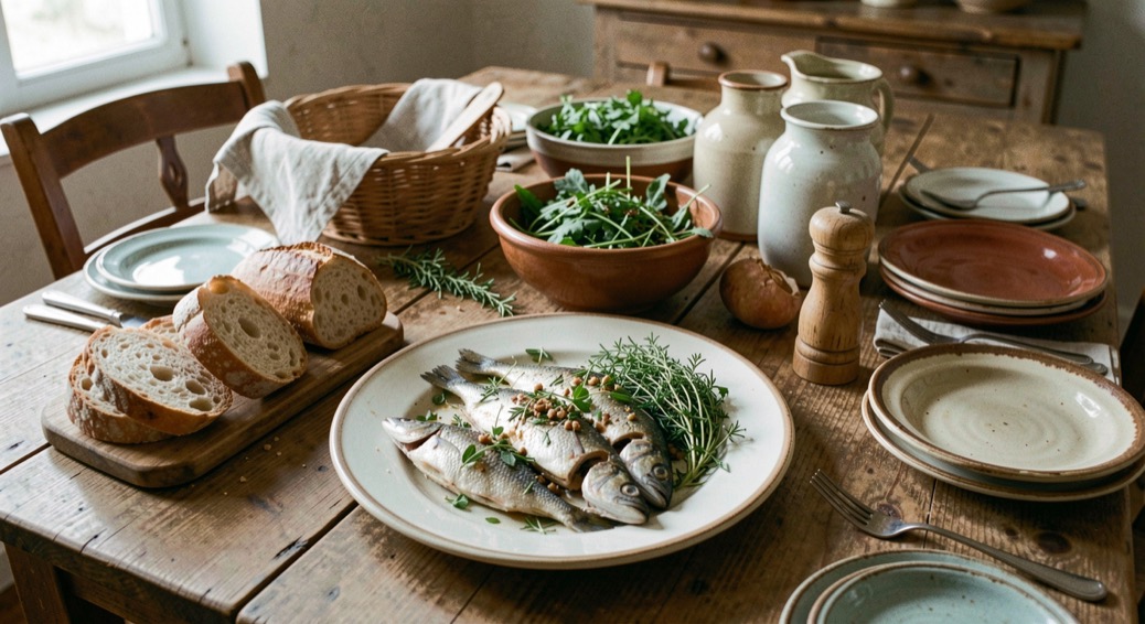 Table méditerranéenne avec poisson, pain, herbes et vaisselle artisanale