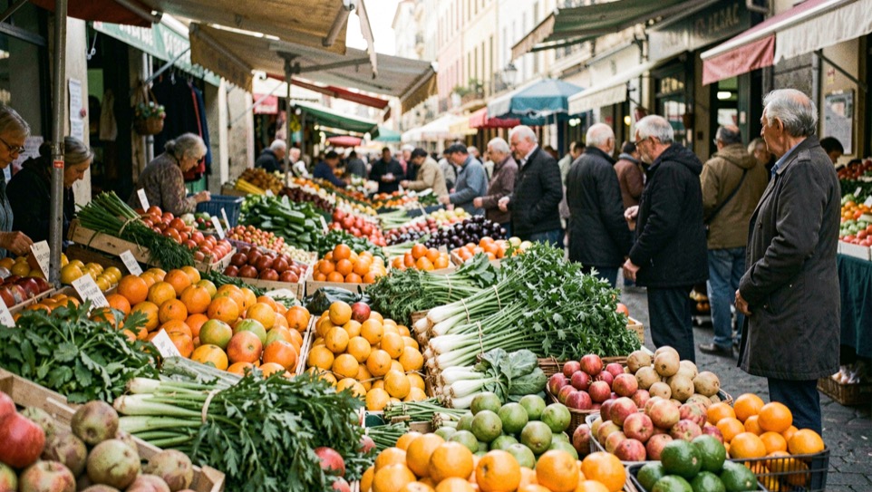 Étals colorés d’un marché marseillais avec agrumes et herbes fraîches
