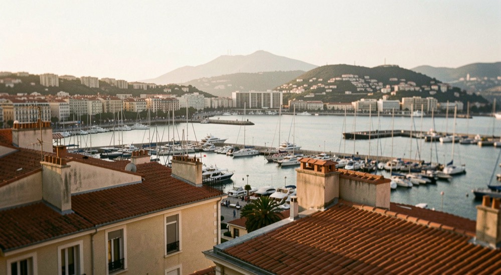 Lumière de fin de journée sur les toits, le port et les collines de Marseille