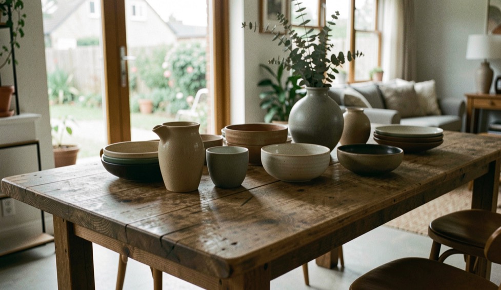 Table en bois et céramiques mates dans une pièce ouverte sur la lumière