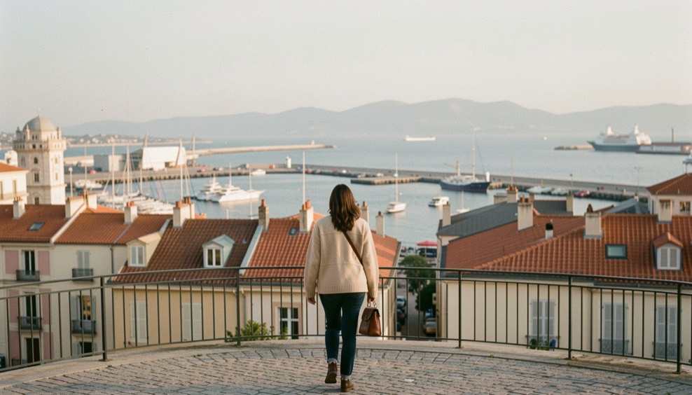 Promeneuse de dos face aux toits et au port de Marseille dans une lumière douce