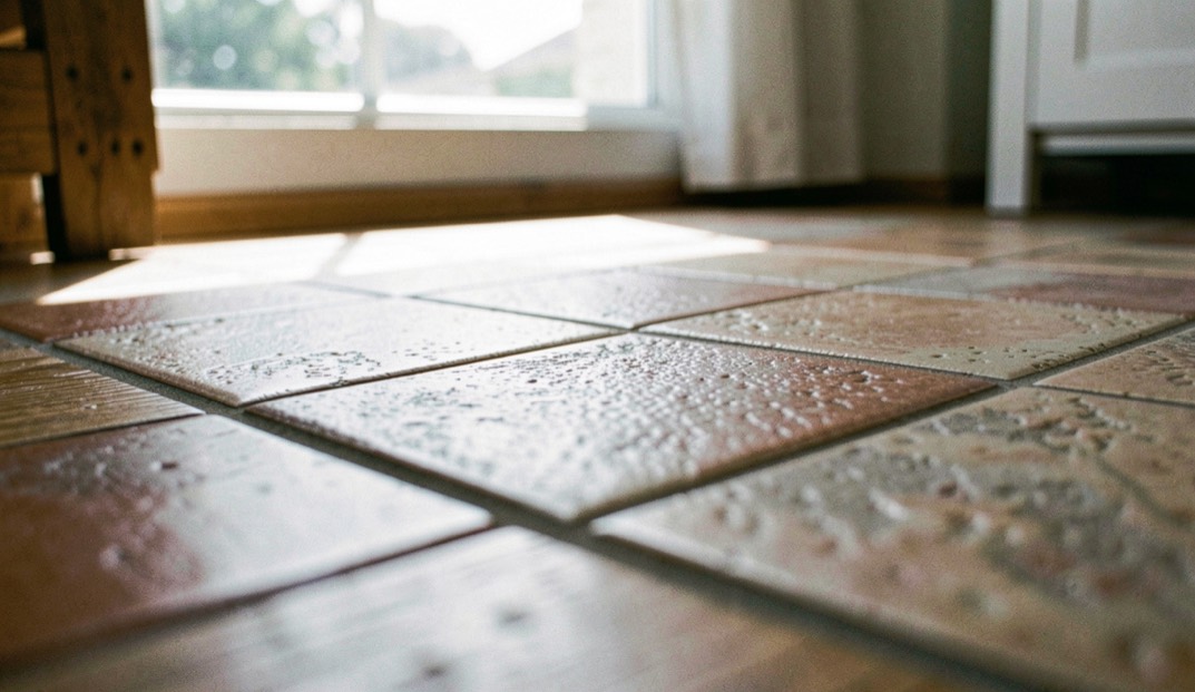 Détail de carrelage et de bois dans une maison baignée de lumière
