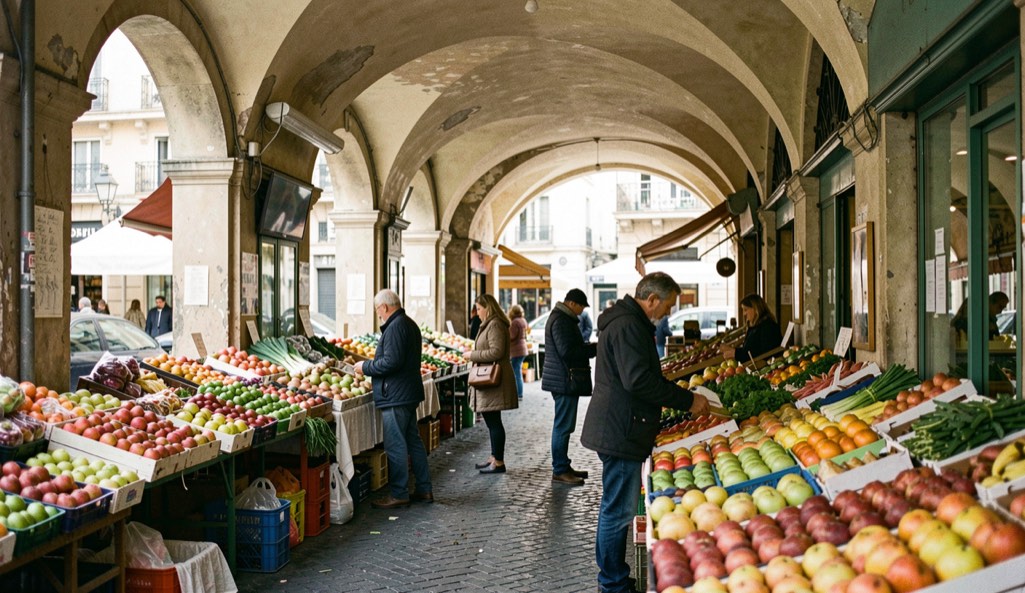 Voûtes et étals de fruits dans une rue commerçante de Marseille