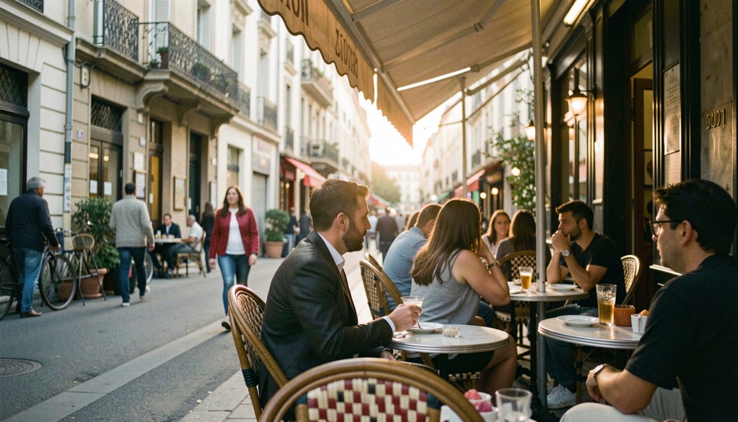 Terrasse animée dans une rue marseillaise à la tombée du jour