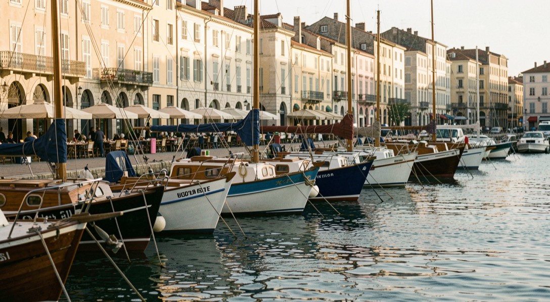 Barques alignées sur le Vieux-Port entre façades et lumière rasante